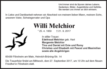 Traueranzeige von Willi Melchior von Trauerportal Rhein Main Presse