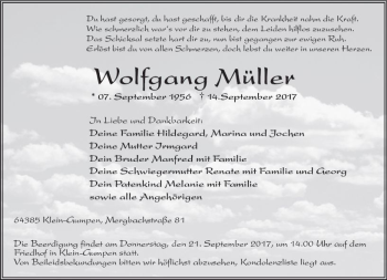 Traueranzeige von Wolfgang Müller von Trauerportal Echo Online