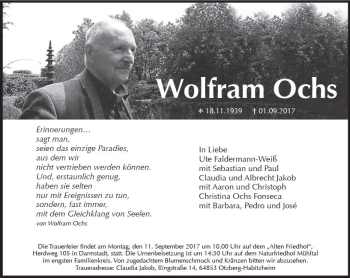 Traueranzeige von Wolfram Ochs von Trauerportal Echo Online