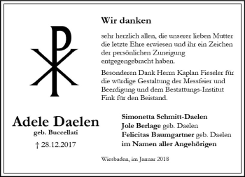 Traueranzeige von Adele Daelen von Trauerportal Rhein Main Presse