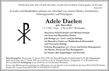 Traueranzeige von Adele Daelen von Trauerportal Rhein Main Presse
