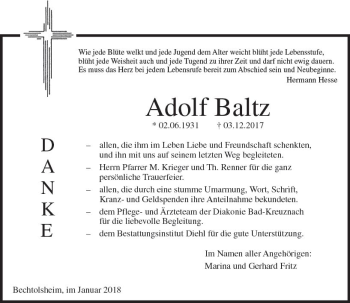 Traueranzeige von Adolf Baltz von Trauerportal Rhein Main Presse