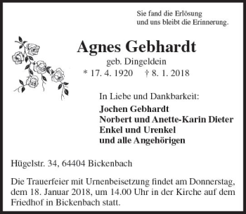 Traueranzeige von Agnes Gebhardt von Trauerportal Rhein Main Presse