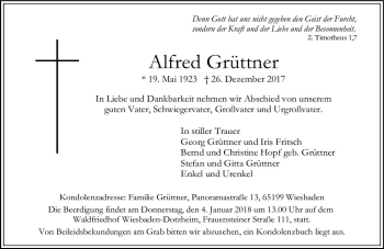Traueranzeige von Alfred Grüttner von Trauerportal Rhein Main Presse