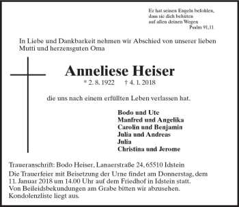 Traueranzeige von Anneliese Heiser von Trauerportal Rhein Main Presse