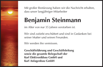 Traueranzeige von Benjamin Steinmann von Trauerportal Rhein Main Presse