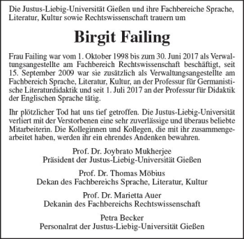 Traueranzeige von Birgit Failing von  Gießener Anzeiger