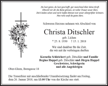 Traueranzeige von Christa Ditschler von VRM Trauer
