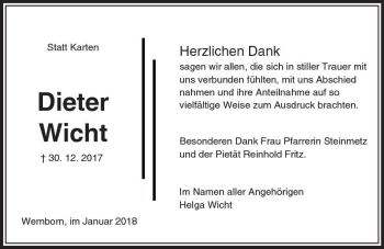 Traueranzeige von Dieter Wicht von  Usinger Anzeiger