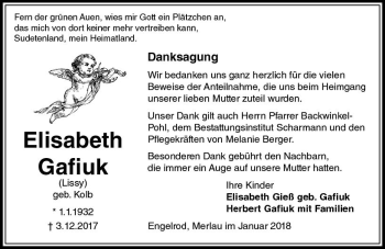 Traueranzeige von Elisabeth Gafiuk von VRM Trauer