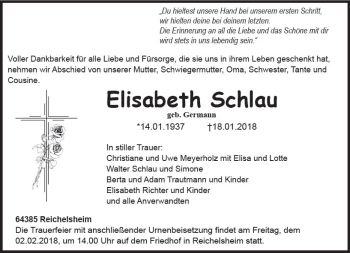 Traueranzeige von Elisabeth Schlau von Trauerportal Rhein Main Presse