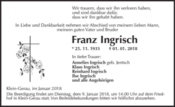 Traueranzeige von Franz Ingrisch von Trauerportal Rhein Main Presse