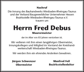 Traueranzeige von Fred Debus von Trauerportal Rhein Main Presse