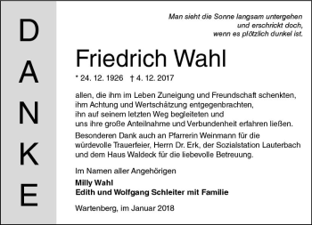 Traueranzeige von Friedrich Wahl von VRM Trauer