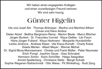 Traueranzeige von Günter Higelin von Trauerportal Rhein Main Presse