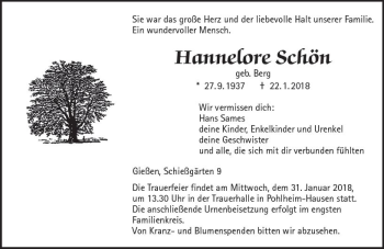 Traueranzeige von Hannelore Schön von  Gießener Anzeiger