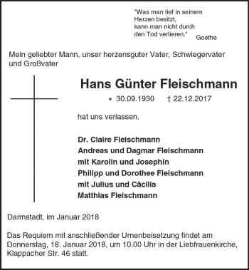 Traueranzeige von Hans Günter Fleischmann von Trauerportal Rhein Main Presse