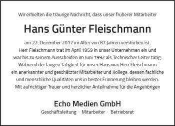 Traueranzeige von Hans Günter Fleischmann von Trauerportal Rhein Main Presse