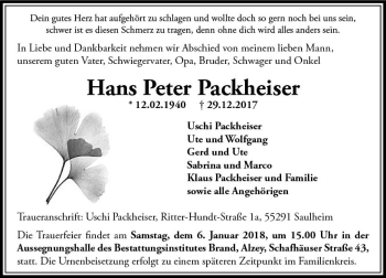 Traueranzeige von Hans Peter Packheiser von Trauerportal Rhein Main Presse