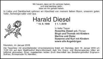 Traueranzeige von Harald Diesel von Trauerportal Rhein Main Presse