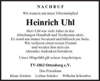 Traueranzeige von Heinrich Uhl von  Kreisanzeiger