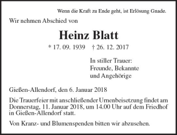 Traueranzeige von Heinz Blatt von  Gießener Anzeiger