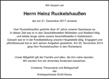 Traueranzeige von Heinz Ruckelshaußen von Trauerportal Rhein Main Presse