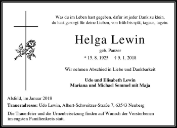 Traueranzeige von Helga Lewin von VRM Trauer