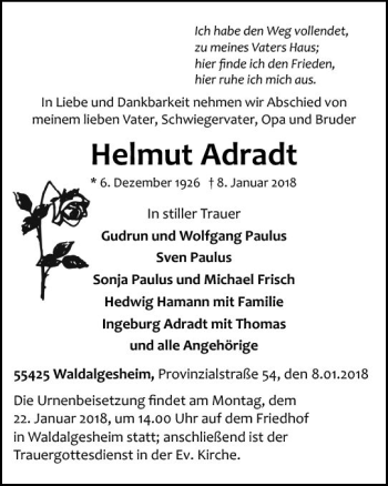 Traueranzeige von Helmut Adradt von Trauerportal Rhein Main Presse