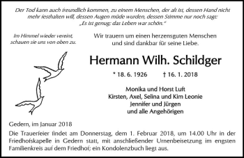 Traueranzeige von Hermann Schildger von  Kreisanzeiger