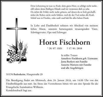 Traueranzeige von Horst Fischborn von Trauerportal Rhein Main Presse