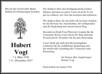 Traueranzeige von Hubert Vogt von  Usinger Anzeiger