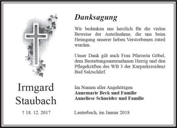 Traueranzeige von Irmgard Staubach von VRM Trauer