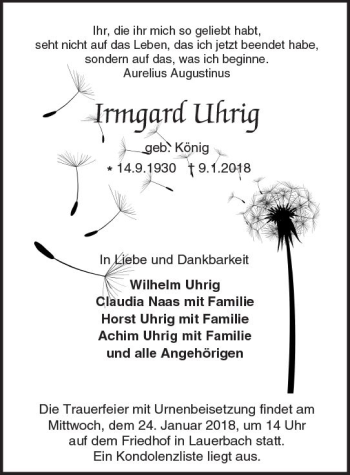 Traueranzeige von Irmgard Uhrig von Trauerportal Rhein Main Presse