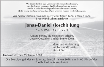 Traueranzeige von Jonas-Daniel Jung von  Gießener Anzeiger