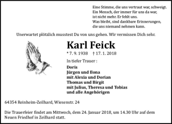 Traueranzeige von Karl Feick von Trauerportal Rhein Main Presse