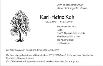 Traueranzeige von Karl-Heinz Kohl von Trauerportal Rhein Main Presse