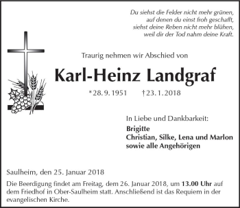 Traueranzeige von Karl-Heinz Landgraf von Trauerportal Rhein Main Presse