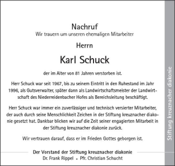 Traueranzeige von Karl Schuck von Trauerportal Rhein Main Presse