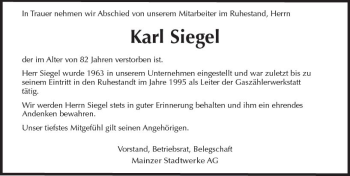 Traueranzeige von Karl Siegel von Trauerportal Rhein Main Presse