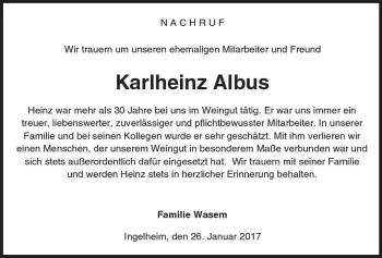 Traueranzeige von Karlheinz Albus von Trauerportal Rhein Main Presse