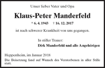 Traueranzeige von Klaus-Peter Manderfeld von Trauerportal Rhein Main Presse