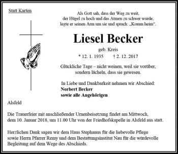Traueranzeige von Liesel Becker von VRM Trauer