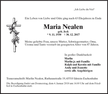 Traueranzeige von Maria Nealen von Trauerportal Rhein Main Presse