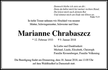 Traueranzeige von Marianne Chrabaszcz von Trauerportal Rhein Main Presse