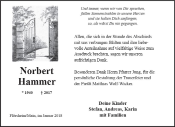 Traueranzeige von Norbert Hammer von Trauerportal Rhein Main Presse