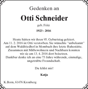 Traueranzeige von Otti Schneider von Trauerportal Rhein Main Presse
