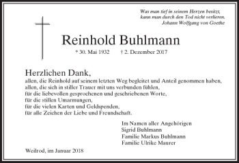 Traueranzeige von Reinhold Buhlmann von  Usinger Anzeiger