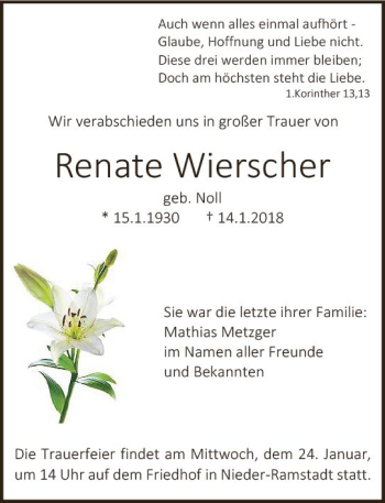 Traueranzeige von Renate Wierscher von Trauerportal Rhein Main Presse