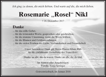 Traueranzeige von Rosemarie  Nikl von  Usinger Anzeiger